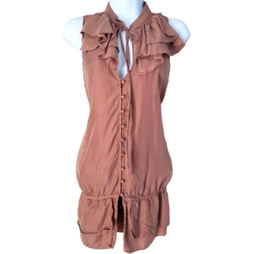 NWOT LOFT tan brown ruffle silk peplum tank top blouse Womens Large
